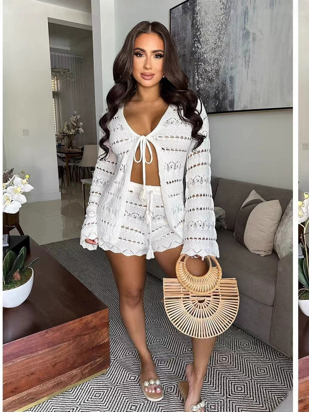 Zara Casual Knit Cardigan and Shorts Set Long Sleeve Hollow Out